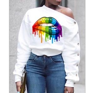 Rainbow lip printed white sweatshirt.